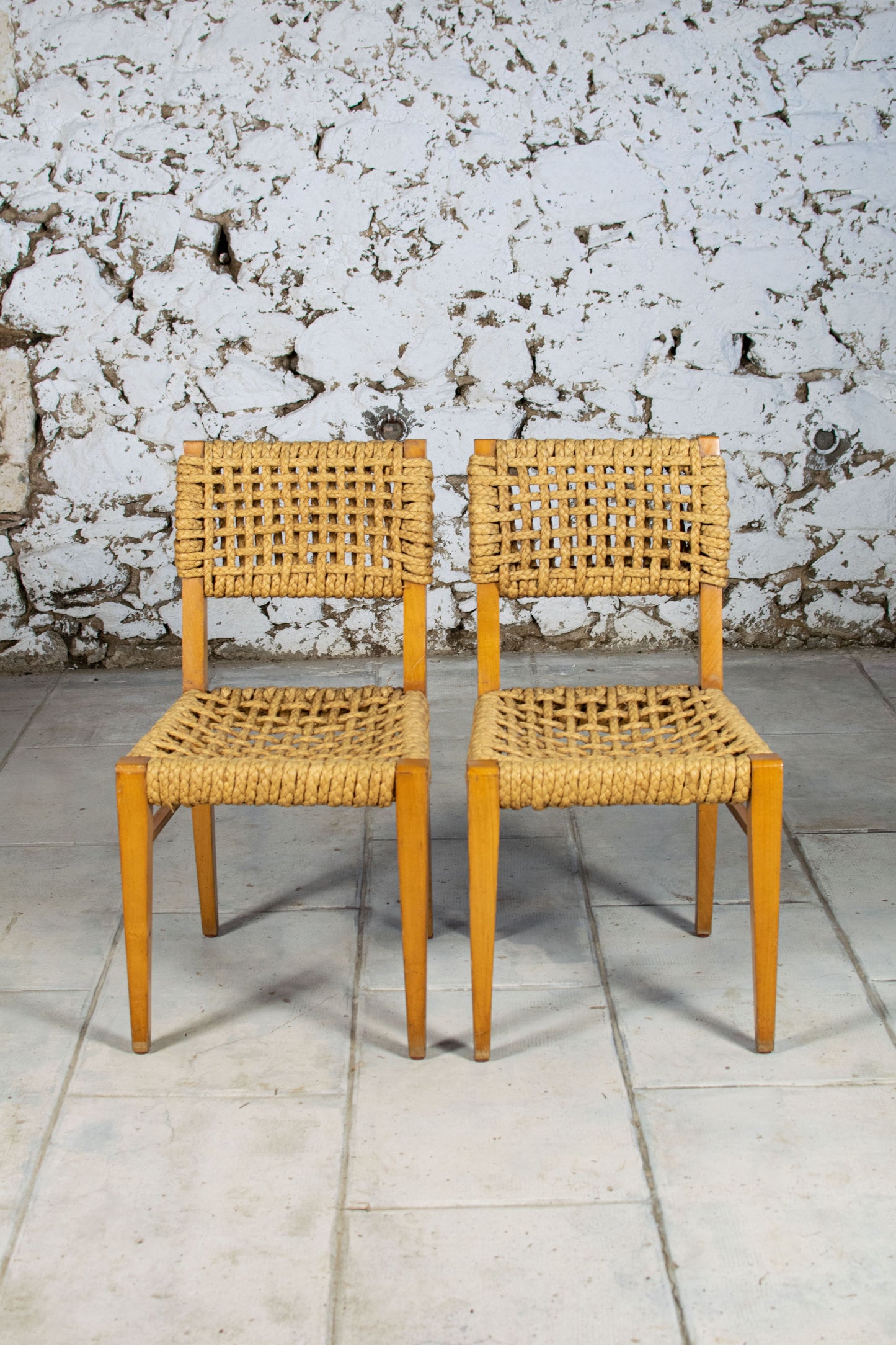 Chaise corde et bois par Audoux Minet pour Vibo, 1950