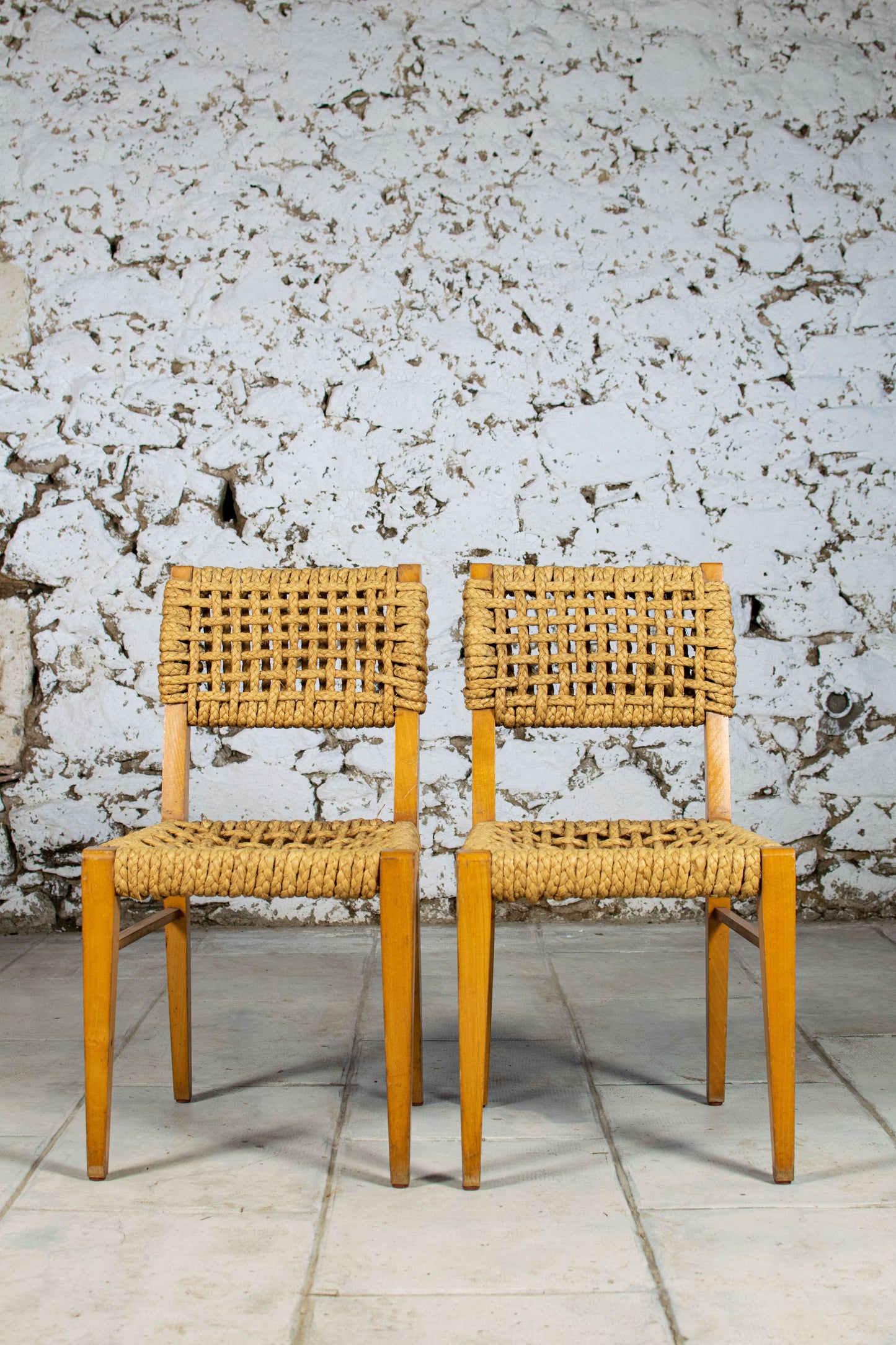 Chaise corde et bois par Audoux Minet pour Vibo, 1950