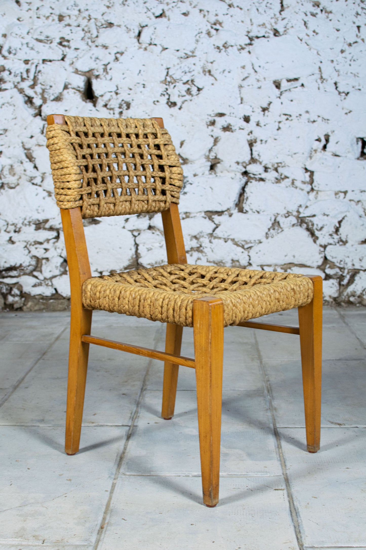 Chaise corde et bois par Audoux Minet pour Vibo, 1950