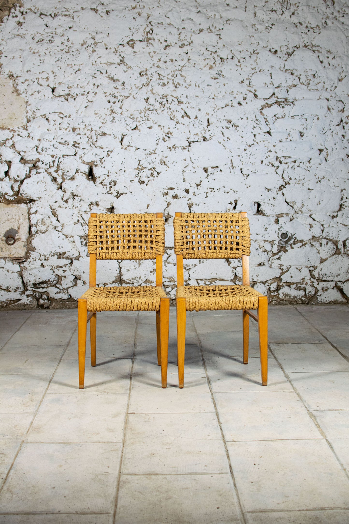 Chaise corde et bois par Audoux Minet pour Vibo, 1950