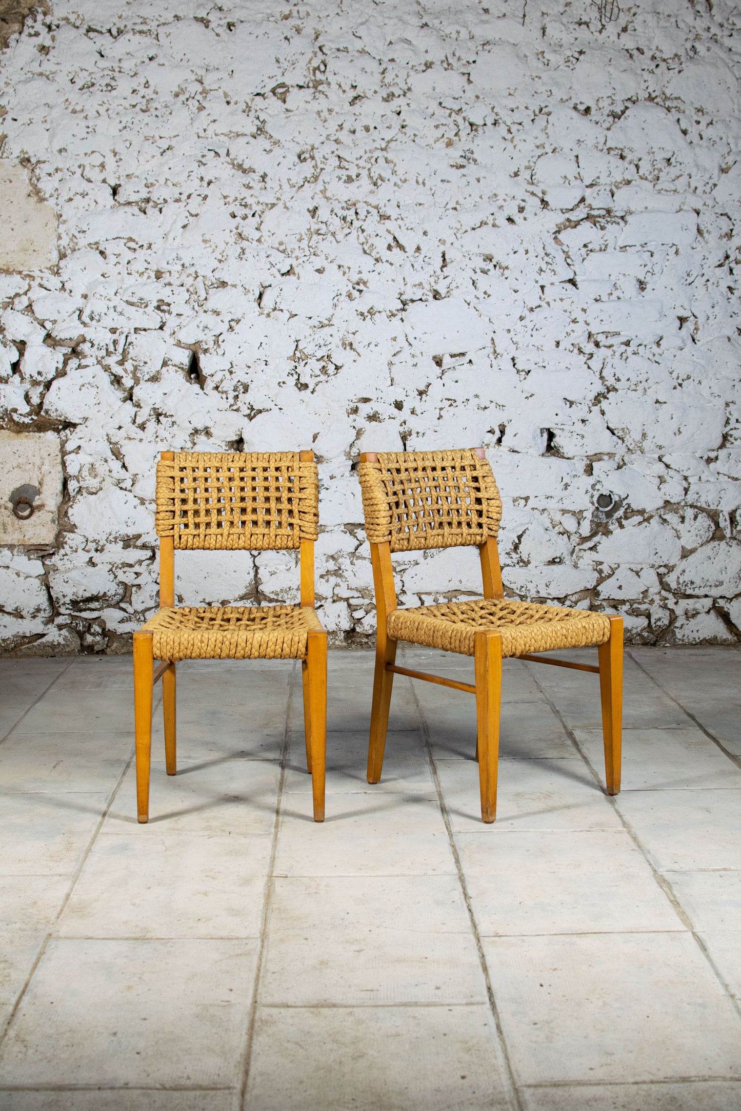 Chaise corde et bois par Audoux Minet pour Vibo, 1950