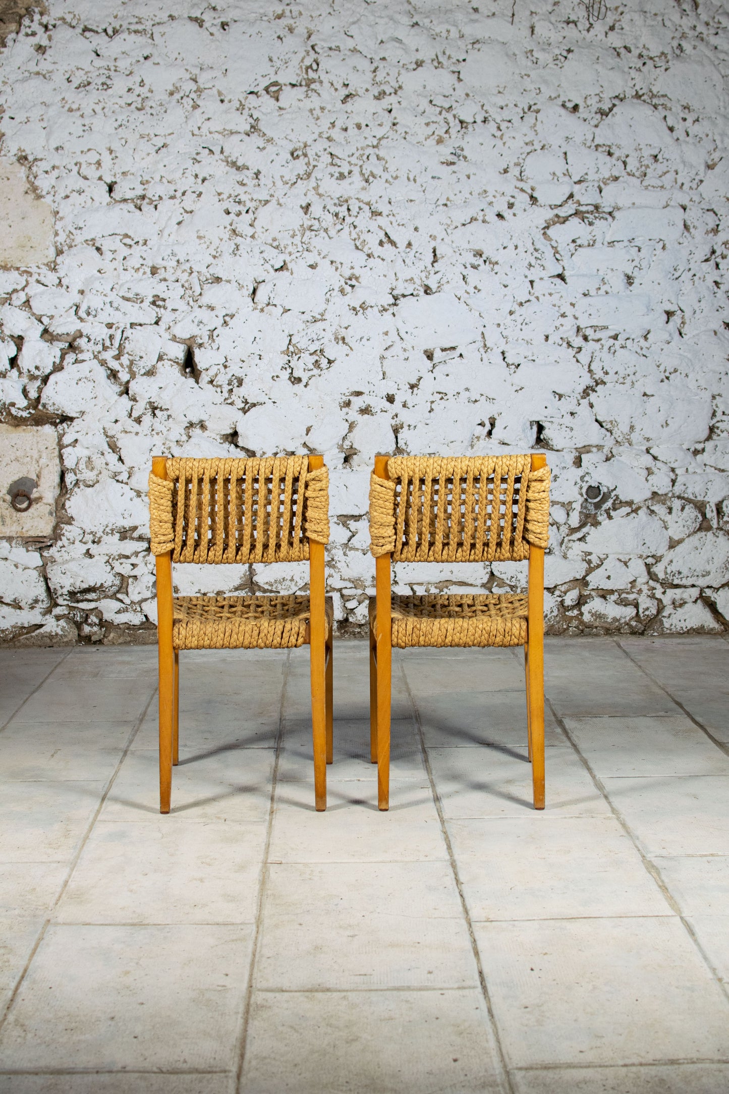 Chaise corde et bois par Audoux Minet pour Vibo, 1950