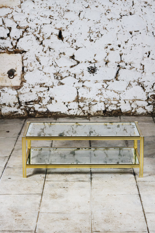 Table basse en verre et métal doré style Pierre Vandel, 1970